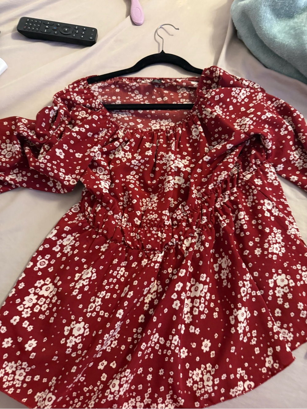 SHEIN Red White Floral Smocked Peasant Blouse